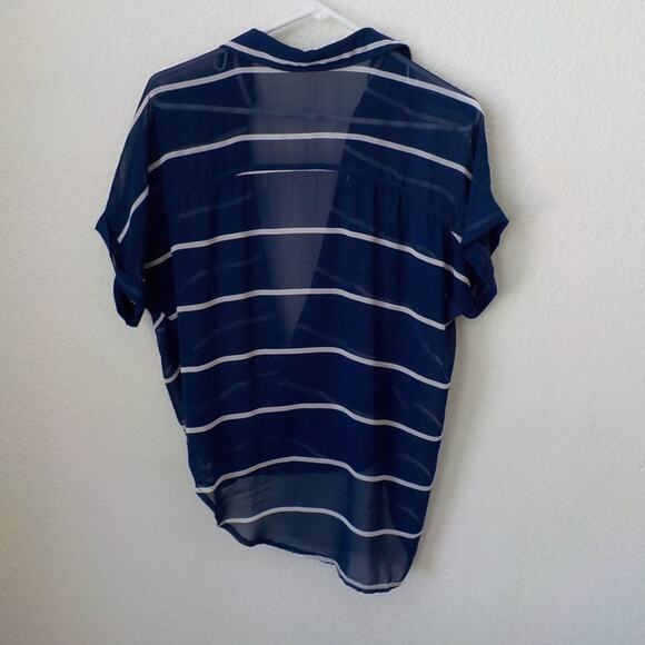 Papaya Blue Stripes Wrap Top Blouse High Low Hem Women size Medium Sheer Coastal - Picture 8 of 10